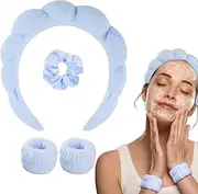 Spa Makeup Headband Set, Headband Skincare Headband for Woman, Face Wash Wristband and Scrunchies For Hair, Blue