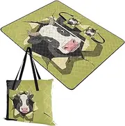 Yoogain Picnic Blanket Foldable Grass Sand Resistant Beach Blankets for Family Concert Blanket Funny Cartoon Wall Cow Green 60x80in