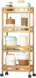 ROWCES 4-Tier Bamboo Kitchen Organizer Slide-Out Mobile Storage Cart Rolling Pantry Shelf Utility Cart
