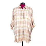 American Eagle Oversized Plaid Shirt Loose Fit Linen Blend Button Front Top Sz S