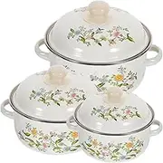 INOOMP 3pcs Enamel Cooking Pot Set Vintage Flat Bottom Soup Pot with Double Handles Non Stick Kitchenware for Boiling Milk Eggs and Oatmeal