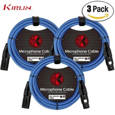 3-PACK Kirlin 10FT Woven 20AWG XLR M to XLR F Mic Cable Blue MWC-270PB-10/BLA