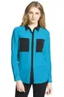 MICHAEL KORS Teal/Black L/S Chest Patch Pockets Button Satin Front Top-SMALL-NWT