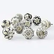Set of 10 Assorted Vintage Black and White Hand Painted Ceramic Pumpkin and Round Knobs Cabinet Drawer Handles Pulls (10)