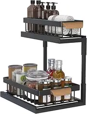 Kitchen Pull Out Under Sink Organizer，2 Tier Rustproof Steel Under Sink Cabinet Shelf Bracket，Bathroom Slide Out Sliding Shelf Storage Rack (Black)