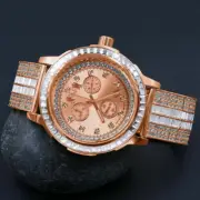 18K Rose Gold Finish Genuine Diamond Solid Steel Bezel Custom Band Men's Watch
