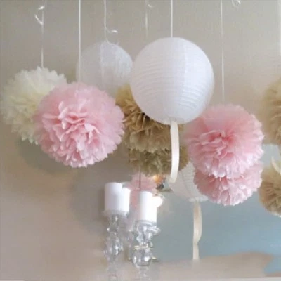 10x white paper lanterns pink cream pom poms wedding birthday hanging decor