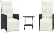 vidaXL Reclining Garden Chairs Set with Table - Adjustable Black PE Rattan Lounger with Cream White Cushions for Outdoor Patio, Terrace, and Garden - Includes Side Table