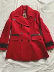 Girls Kids SAKS 5th Avenue Wool Pea Coat leather accents pleat waist Red Size L