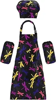 AIXIWAWA Kids Apron Chef Hat Set, Child Kitchen Bib Aprons Adjustable for Cooking Baking Painting (Purple Blue Dragonfly)