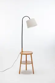 New Oriental Natural Rubberwood Lamp with Double Round Shelves and Off White Linen Shade Including USB port and wireless charging