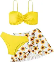 [COOLOYA] Girl's 3 Piece Set Sunflower Print Bikini Sets Bathing Suit with Mesh Cover Up Skirts
