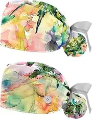 [YTYVAGT] 2-Pc,Nurse Scrub Caps,Scrub Hats with Buttons and Cotton Sweatband,Tropical Leaf Watercolor Style
