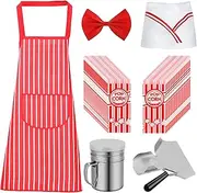 MENJITO 200 Pcs Popcorn Bags with Popcorn Scoop & Salt Shaker and Popcorn Red White Striped Apron with Chef Hat and Bow Tie | 200 pcs Food Grade Popcorn Bags for Movie Night & Birthday Party, Red & White, 2x4