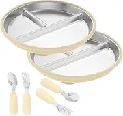 FwQoFvk 2 Pcs Stainless Steel Baby Divided Plate, Toddler Plate with Removable Silicone Suction Cup Base, Toddler Dish Set with Spoon and Fork for Home and Outdoor (Beige)