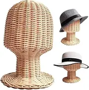 Hat Display Stand, 20.5" Head Circumference Rattan Hat Rack Stand, Rustic Desktop Mens Rack Helmet for Display Baseball Cap/Cowboy/Snapback/Wig Large Mens