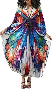 [Bsubseach] Plus Size Kaftan Dresses for Women Print Swim Cover Up Batwing Sleeve Caftans Casual Vacation Outfits
