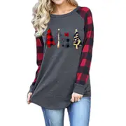 Women's Christmas Print Long Sleeve Plaid Top Jumper Sweater - Trees - Red