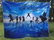 Go to New world 51" x 39" tapestry cloth Wall Hanging + Old Games Boys