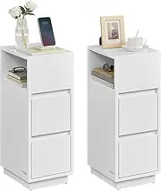 VASAGLE Slim Bedside Tables, Set of 2, Small Narrow Side End Tables with 2 Drawers, 1 Open Compartment Mounted to Face Left or Right, for Bedroom, Living Room, Cloud White LET856W01