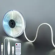 Clearhill 12V DC COB LED Strip Lights with Remote Dimmable Switch (No Power Supply),16.4FT/5M,Cool White 6500K,320LEDs/M,8mm Width,CRI90,Electroplated Double-Sided Panel,10W/M,IP20,for Indoor