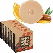 [Shower PUK] 3-in-1 Natural Soap Bar with Argan Oil & Orange - Moisturising Shea Butter Body, Face & Hair Solid Shower Gel Bar - Eco Friendly, Plastic-Free, Vegan for Travel, Gym & Home (Pack of 6)