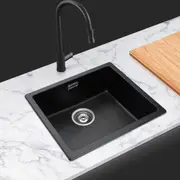 ACA 50x44CM Kitchen Sink Granite Stone Sink w/Overflow Basin Single Bowl Black Top/Under/Flush Mount