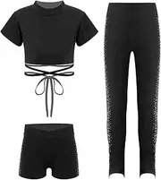 [FEESHOW] Kids Girls Sport Set Base Tee Shirt + Shorts + Leggings Training Outfit Set Fitness Sportwear