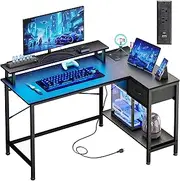 [Fixwal] L Shaped Gaming Desk with Power Outlets and LED Lights, 43 Inch Computer Desk with Charging Port, Small Corner Desk Table with Drawer and Shelf, Home Office Desk with Monitor Stand, Black