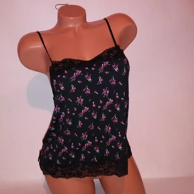 Victoria Secret Camisole Top Sleepwear Small Black Lace Trim Floral Modal Tank