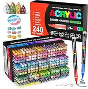 DICEKOO 240 Colors Acrylic Paint Markers, Soft Brush Tip Pens with Automatic Ink Control System, Waterproof, Quick-Drying, Lightfast, for Rock Painting, Canvas, Wood, Egg & DIY Crafts Art Supplies