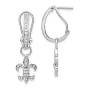Solid 14k White Gold Simulated CZ Fleur de Lis Dangle Omega BacK Earrings