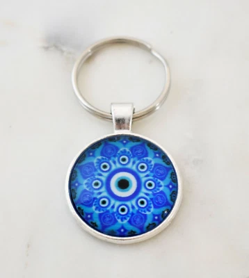 Evil Eye Greek Blue Turkish Mandala Key Ring Glass Cabochon Keyring Keychain