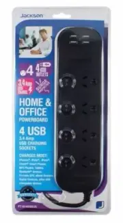 4 Way Power Board 10A Individual Switched 4 x USB Charging Surge Protected