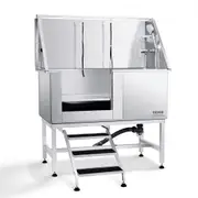 VEVOR 50Inch 127CM Pet Dog Bathing Station w/Stairs, Professional Stainless Steel Dog Grooming Tub w/ Soap Box, Faucet,Rich Accessory, Dog Bathtub for