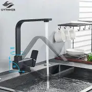 Uythner Black Kitchen Rotating Faucet Folding Down Hot Cold Water Faucet Black Low Window Kitchen Mixer Faucet Single Handle Matte Black A