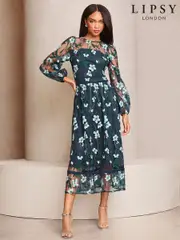 Lipsy Navy Petite Premium Long Sleeve Embroidered Floral Prom Midi Dress (AE6576) | $358