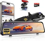 12" 4K Rear View Mirror Camera WiFi Mirror Dash Cam Front and Rear with 64GB Card Super Night Vision G-Sensor Loop Recording 2160P Digital Rearview Mirror Dash Cam for Cars Trucks