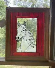 Open windows stained Glass horse Sun catcher Window Wall Art framed NWT