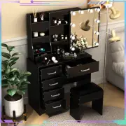 Modern Dressing Table Set with 6 Drawers and LED Lights Makeup Mirror + Stool