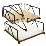 2 Pack Flat Napkin Holders, Metal Napkin Holder with Wooden Base for Table,