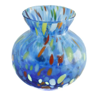 Murano Glass Vase or Candle Holder Blue Yellow Multi Hand Made Millefiori