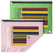 Pencil Pouch for 3 Ring Binder,Binder Pencil Pouch with Clear Window Pencil Bags with Zipper & Reinforced Grommets,Pencil Case for Binder (2 Pack Green & Pink)