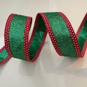 1.5” Glittery Green Wired Ribbon With Red Polka Dot Edge - Sold BY THE YARD