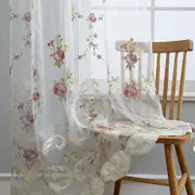 2x Sheer Curtains Fresh Floral Embroidered Curtain Drape Countryside Style Rod Pocket Top