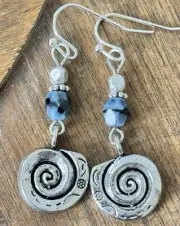 Etched Silver Sea Shells with Denim Blue Bead Dangle Earrings. Summer. Beach