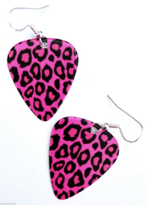 Hot Pink Leopard Animal print guitar pick earrings! Rockabilly Punk Retro 80s