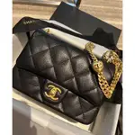 二手正品 CHANEL 23P 方胖子 愛心調節釦CF 20CM 方胖子 小方包  側/肩背包 AS3829 荔枝牛皮黑