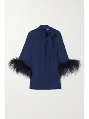 [Huishan Zhang] Huishan Zhang - + Net Sustain Colette Bow-detailed Feather-trimmed Crepe Top - Navy - UK 14 UK 14 Blue