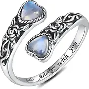 [Teioa] S925 Natural Moonstone Rings - Sterling Silver Heart-shape Adjustable Rings with Always With You Inspirational Jewelry Gifts for Daughters Mom Sister Wife Friends Grandma, Sterling Silver